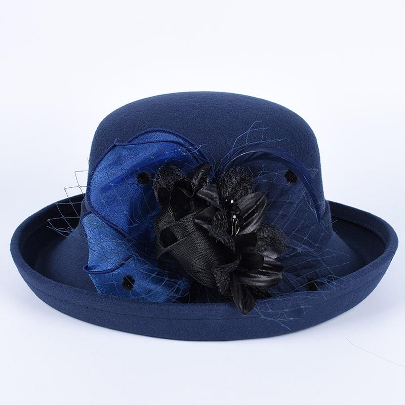 Elegant Women'S Hats Fashion  Winter Bowler Fedora Ladies Wool Round Hat Autumn Vintage Party Fedoras Church Felt Top Hat
