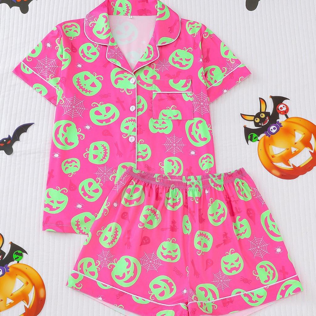 Halloween Women's Pajama Set Lapel Collar Open Front Cardigan Short Sleeve & Shorts Loungewear Loose Ultra Soft Casual Homewear Sleepwear Outfit