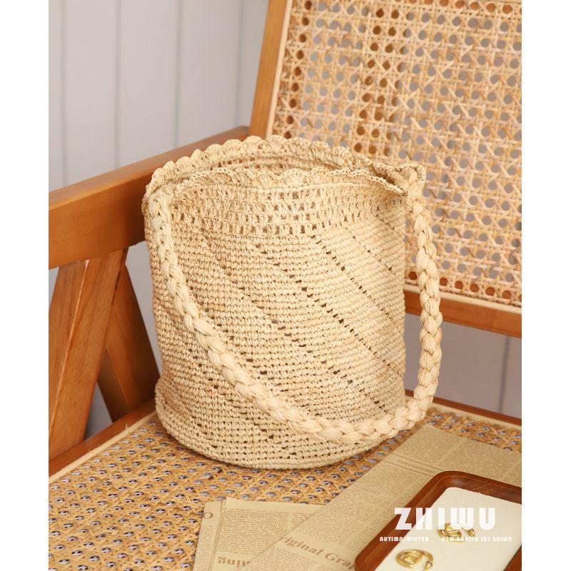 

Zhiwu Small Vegetable Blue High Quality 100% Raffia Natural Grass Underarm Bag Woven Bag Handmade Bucket Bag Herb/Bucket Bag