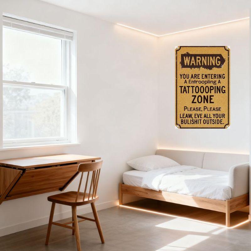 Vintage Warning Entroopling Tattoo Zone Tin Sign, Distressed Brown Background Metal Wall Decor with Black Yellow Text for Home B