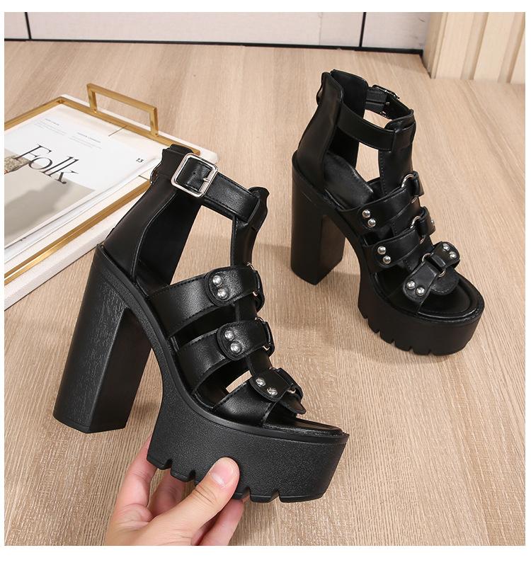 2024 Summer New Foreign Trade Footwear High Heel Thick Heel Sandals Women's Waterproof Platform Zipper Roman Shoes