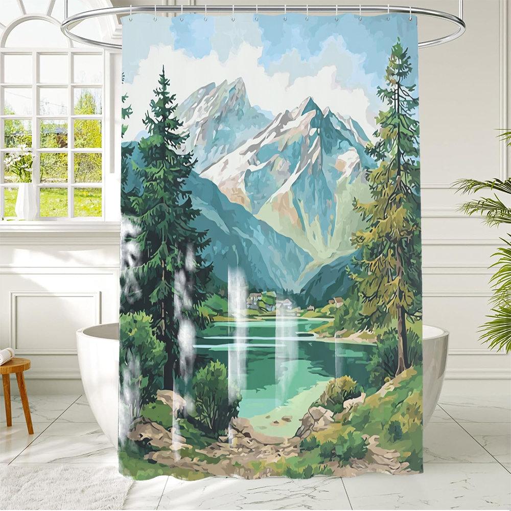Watercolor Mountain Lake Illustration Shower Curtain 1Pc With 12 Hooks For Bathroom Home Decor Polyester 70.8X70.8 Inch