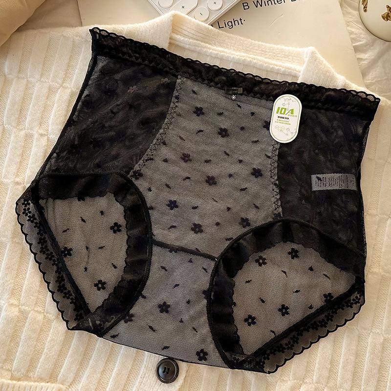 

Женские летние тонкие удобные кружевные дышащие трусики с высокой талией больших размеров 3XL чёрный