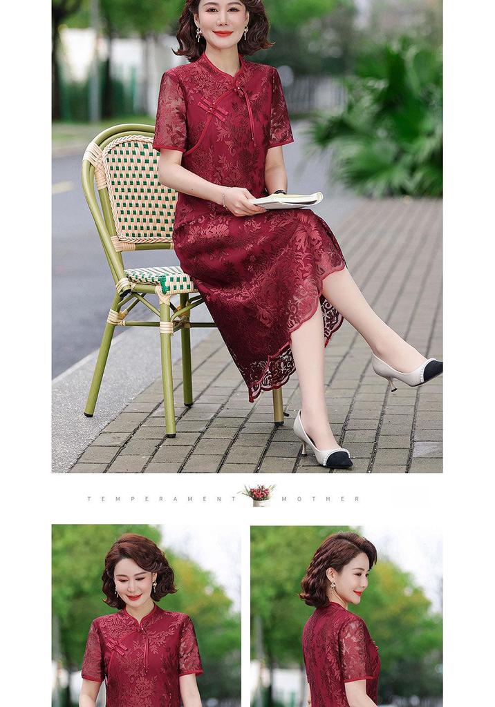 Retro Chinese Style Cheongsam Knee-Length Dress for Middle-Aged Women