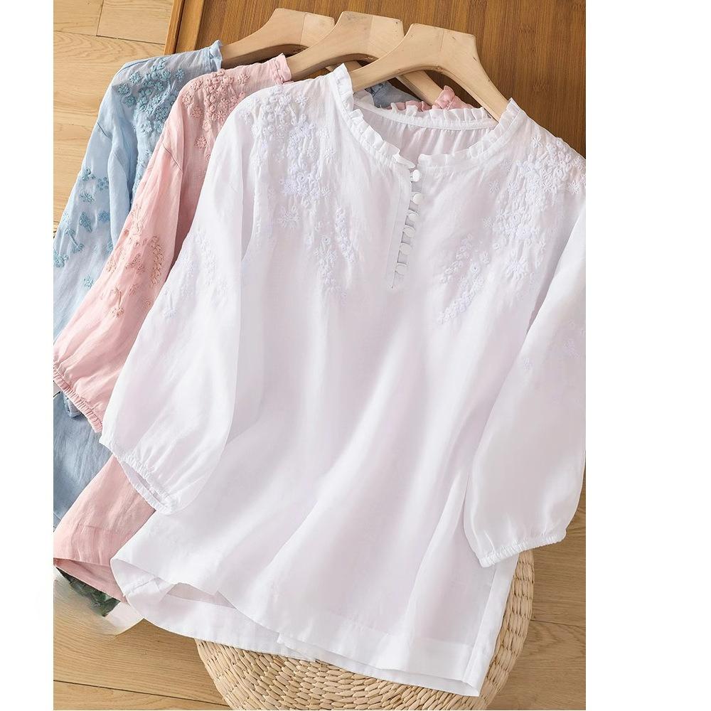 Kurzarm-T-Shirt Damen Bestickte Spitze Dünnes Baumwoll- und Leinenhemd Top