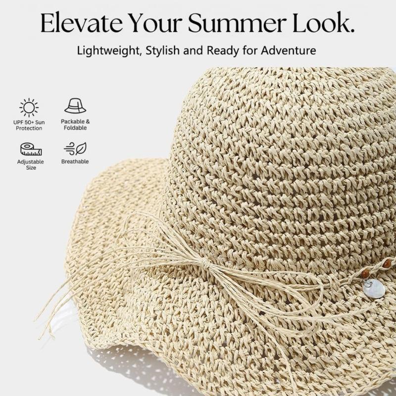 Elegant Hand Crocheted Paper Straw Sun Hat Women Breathable Wide Border Beach Hat Summer Outdoor Travel Accessory
