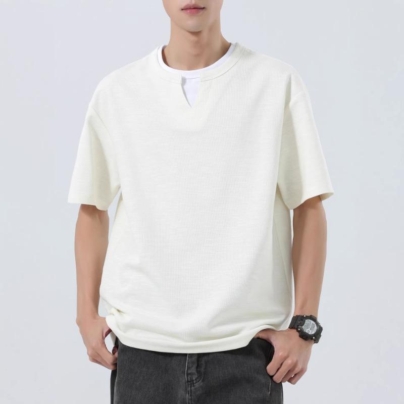 Men Fake Two Piece Notch Neck T Shirt Short Sleeve Loose Casual Textured Minimal Daily Summer Street Top