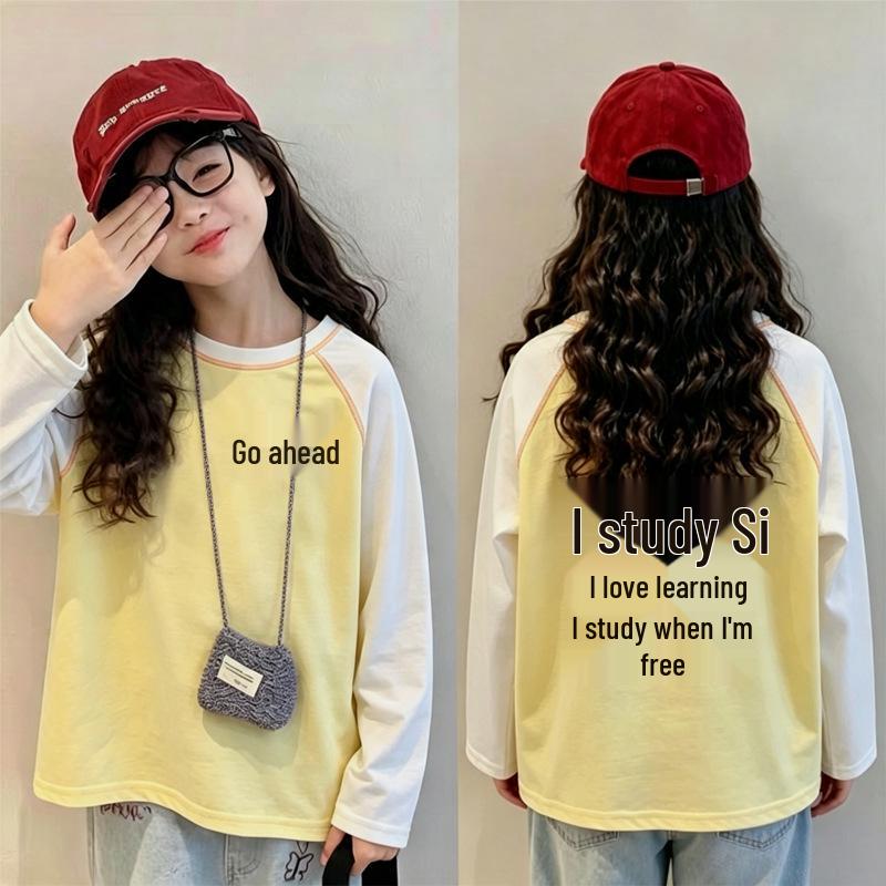 Girls' Korean Style Color Block Long Sleeve T-Shirt - Spring/Autumn 2026 Cotton Base Layer for Ages 6-12