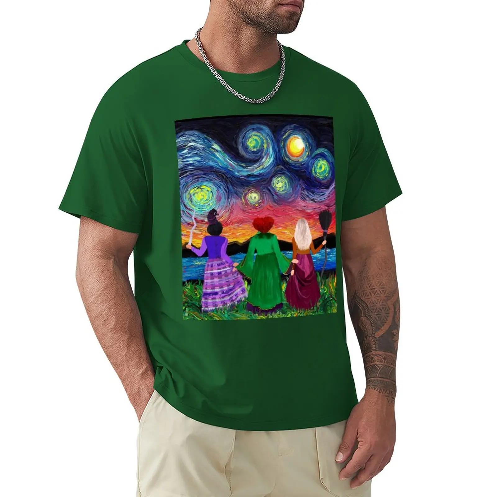 Heavyweight Summer Tops Tshirts for Men Hocus Pocus Sanderson Sisters in Starry Night Painting T-Shirt Sweat Summer Funny New M