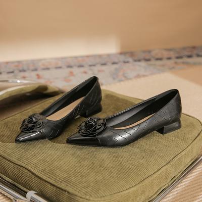 29802 [sheepskin] Flat Shoes Women's Thick Heel Autumn 2025 New Pointed Head Color Matching Low Heel Flower Shoes