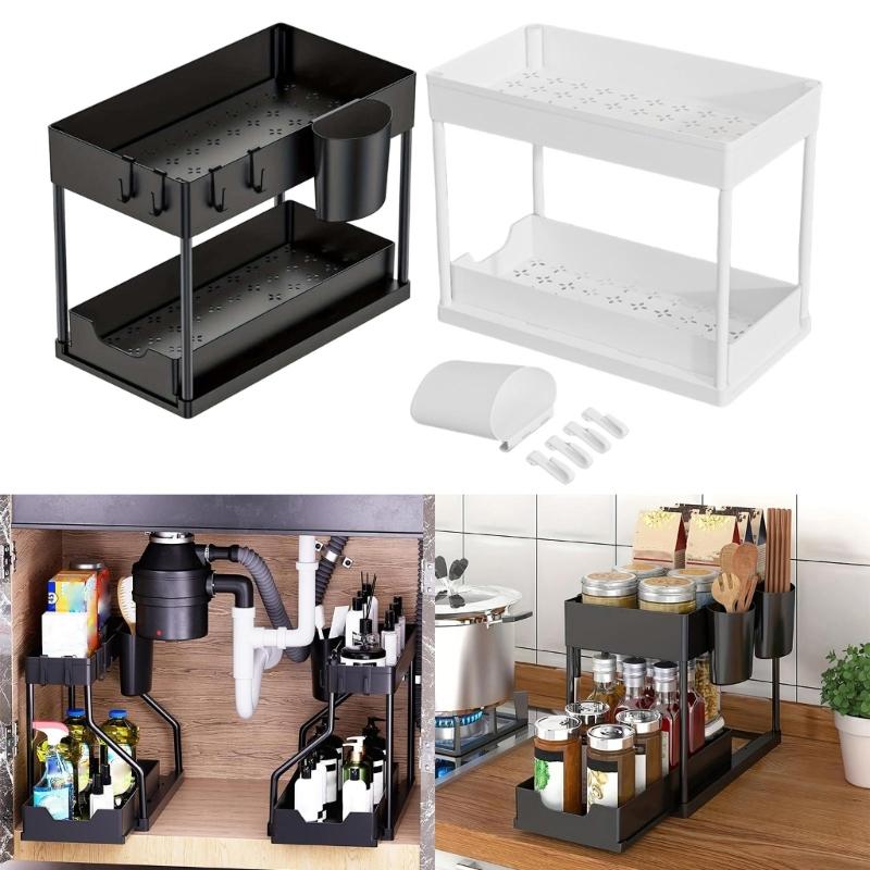 Versatile 2 Levels Under Sink Rack with Sliding Out Drawer Sturdy Spices and Dish Holder for Home Organization