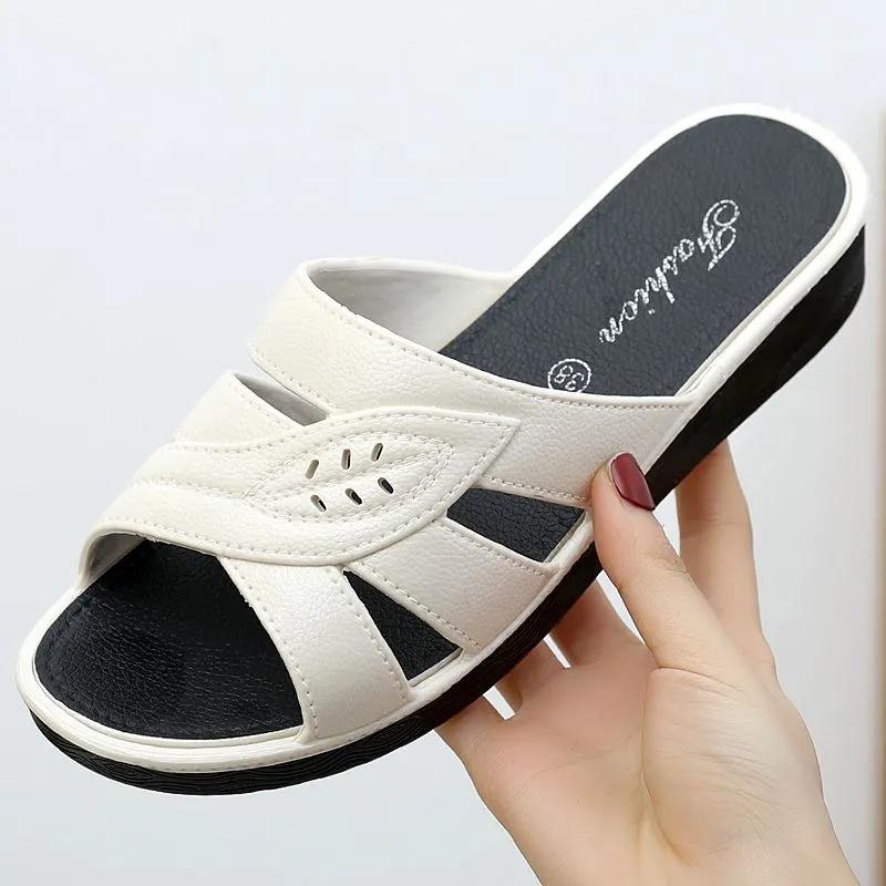 Women's Summer Middle Heel Soft Bottom Non-slip Slippers Middle-aged and Elderly Home Wear Dual-use Casual Shoes