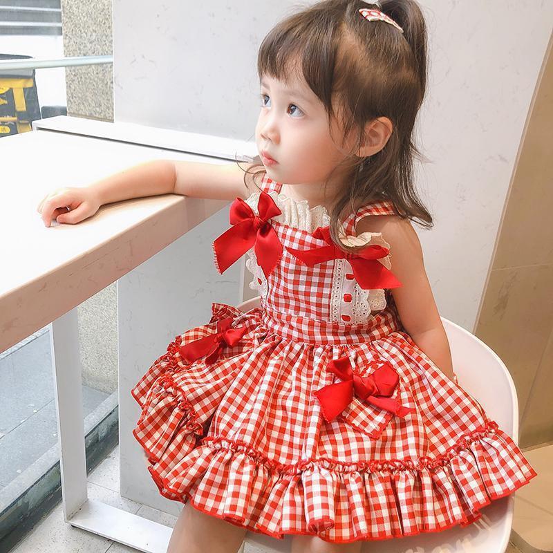 Vestido de Verano para Niñas con Estampado de Cuadros, Decoración de Encaje con Lazo, Vestido de Princesa Lolita, Vestido con Escote Cuadrado