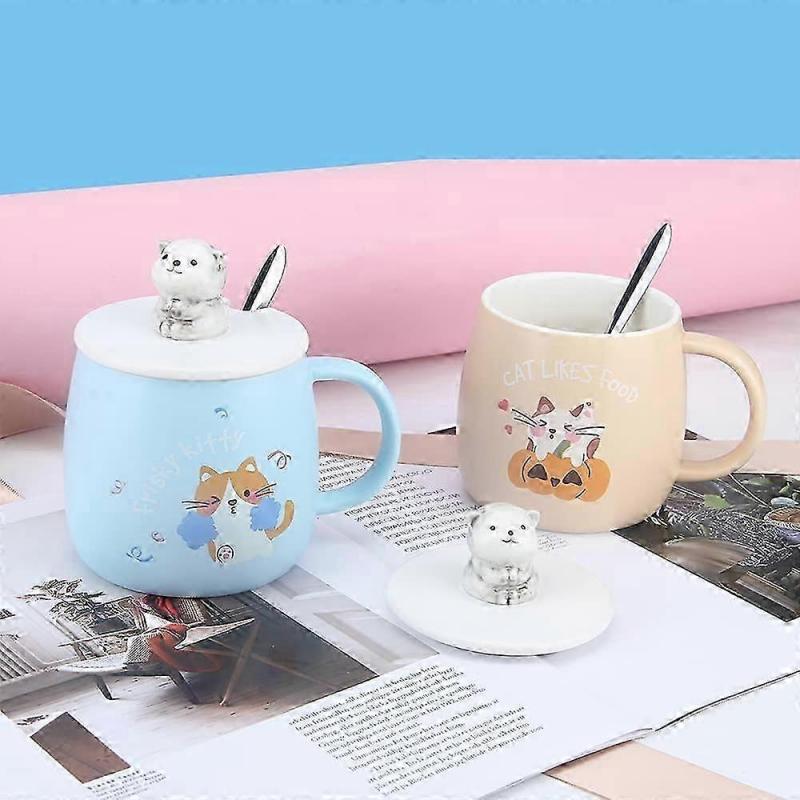 Cat Mug, Cute Ceramic Coffee Mug, with 3D Cat Shaped Lid and Spoon 8.8x8.2cm (Blue)
