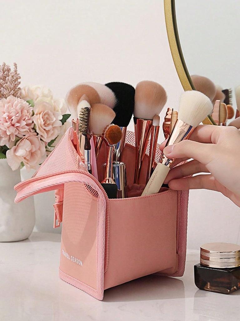 1pc Pink Makeup Brush Case With Zipper,Transparent Waterproof Travel Makeup Brush Holder ,Portable Makeup Brush Bag