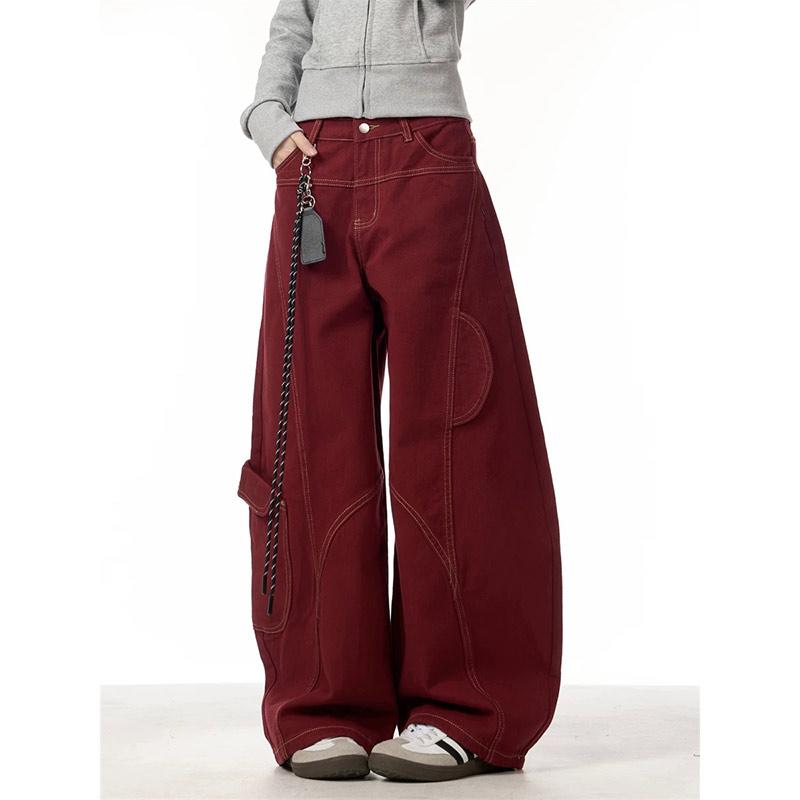 Jeans Femme Rouge Vintage Taille Haute Coupe Droite Pantalon en Jean Y2K Hip Hop Streetwear Jambe Large Pantalon en Jean Classique