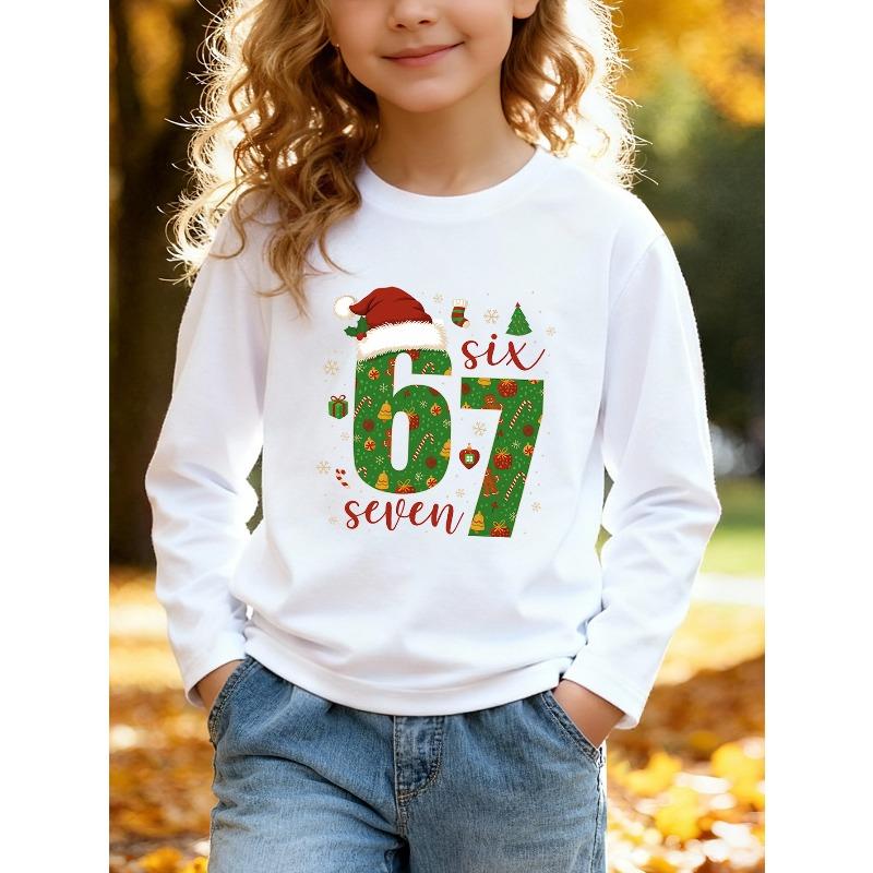 Unisex Kids White Long Sleeve Tee For 4-12 Boys Girls Christmas Green Gingerbread Candy Cane Fill Number 67 Santa Hat Script Snowflake Print Soft