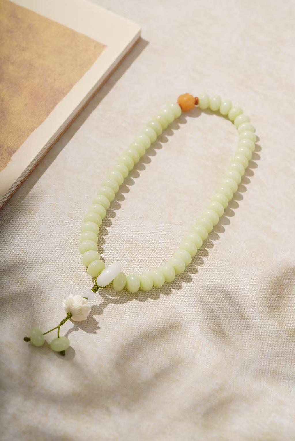 Antique Green Bodhi Root & Peach Bead Prayer Bracelet