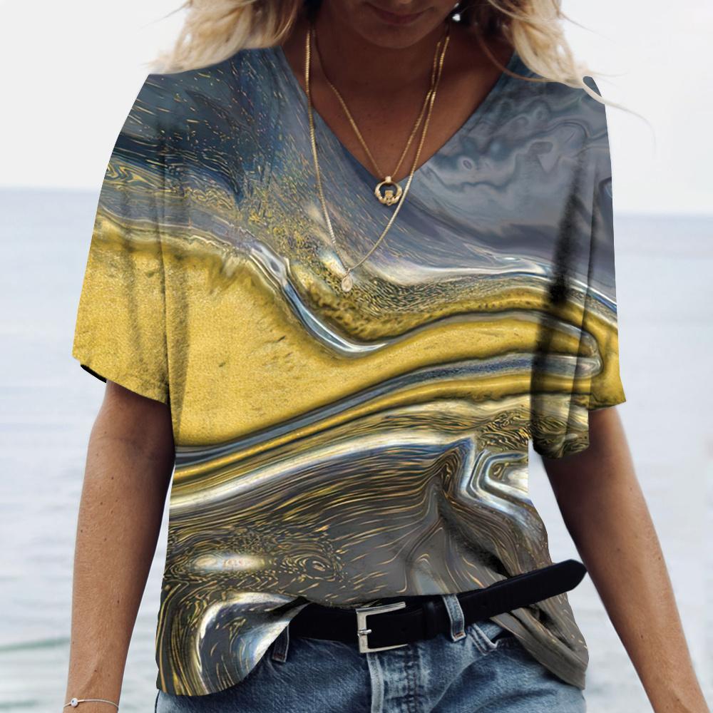 New Marble Gradient 3D Print T-Shirts Women V-Neck Short Sleeve T Shirt Y2k Harajuku Oversized