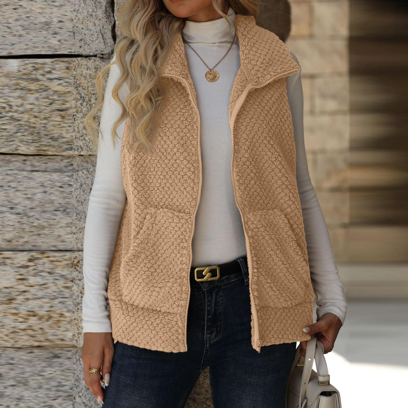 

Women s Cardigan Zipper Loose Pocket Jacket Double-sided Plush Vest L