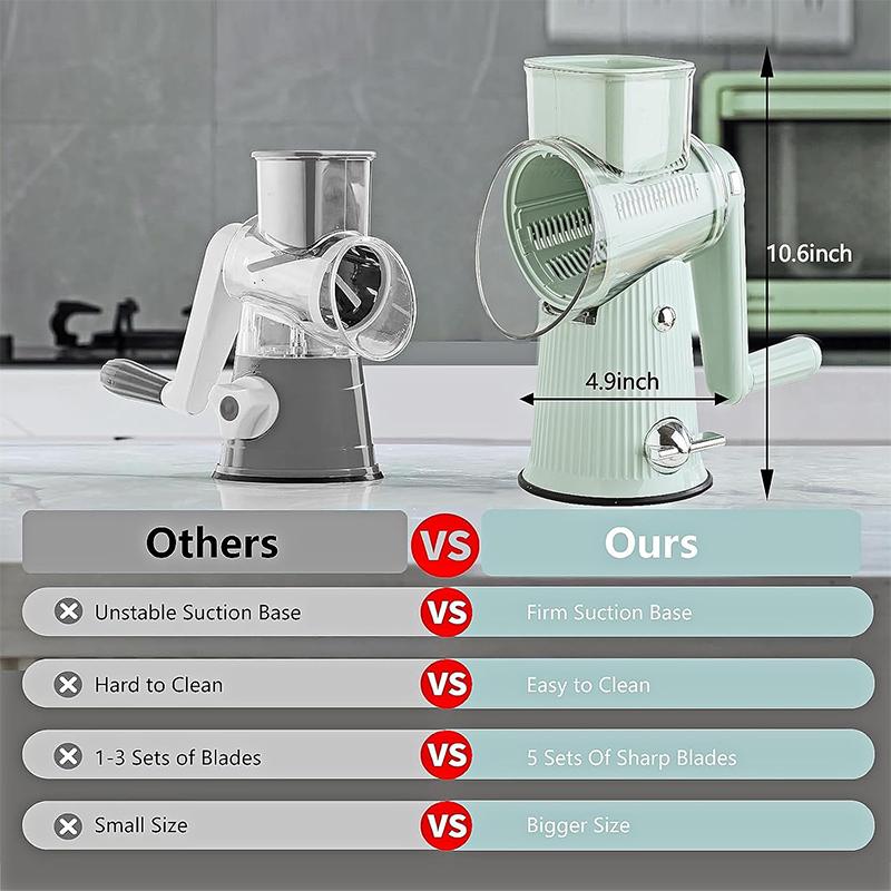 5 In 1 Rotary Cheese Grater with Handle Kitchen Vegetable Cutter Slicer Round Mandoline Drum Slicer with Suction Base JT435