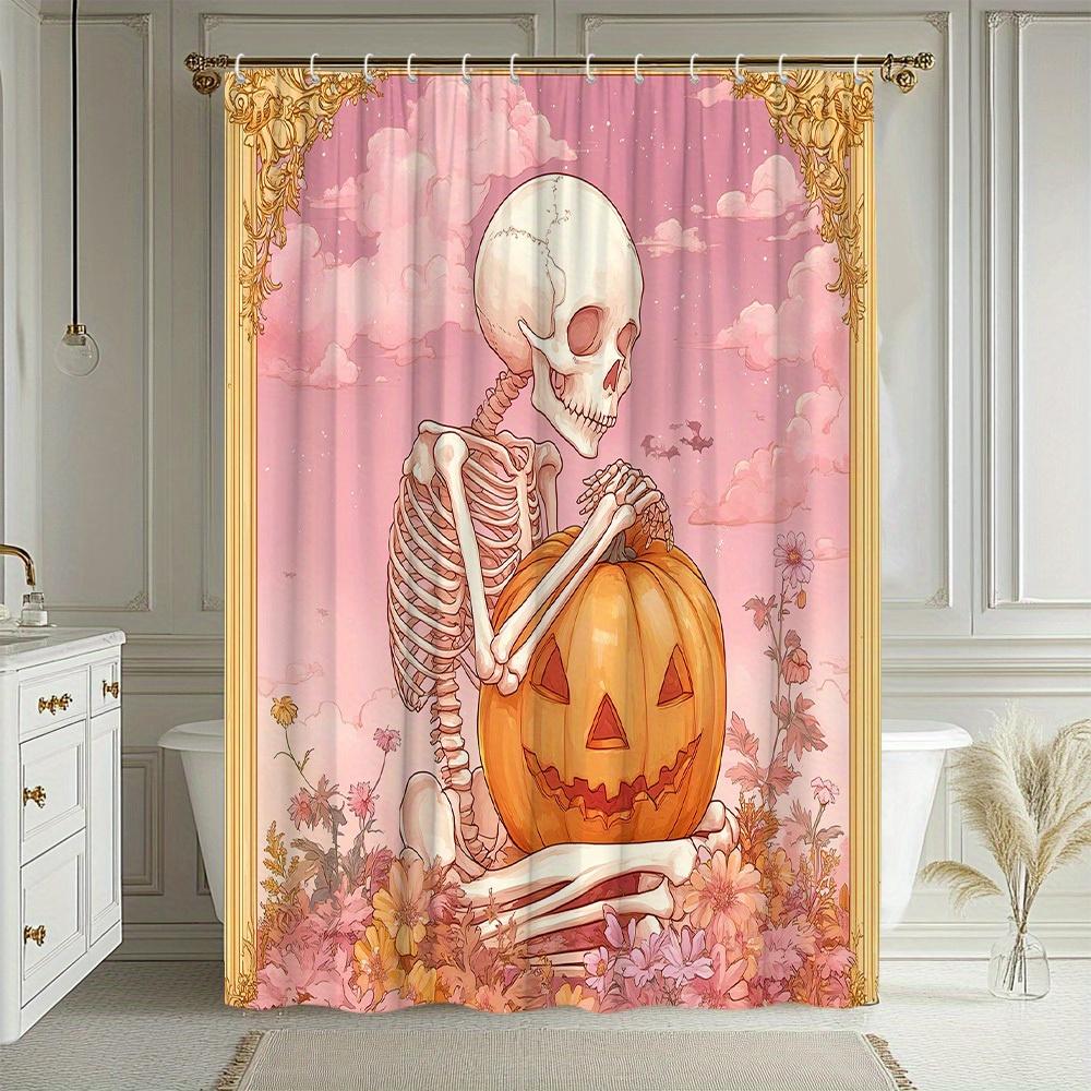1Pc Halloween Shower Curtain Skeleton Pumpkin Landscape Pattern Bathroom Decoration Polyester Fabric Contains 12 Hooks 70. 8X70.