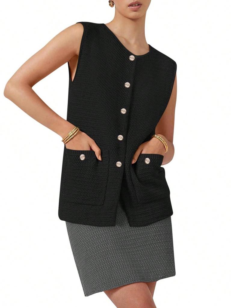 Women's Sleeveless Button Down Sweater Vest Round Neck Knit Cardigan Tank Top