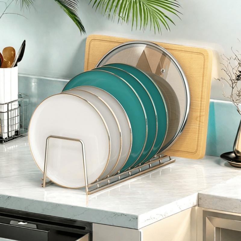 Small Dish Drainer Expandable Kitchen Dish Drying Rack Metal Plate Holder with Drip Tray Cupboard Organizer