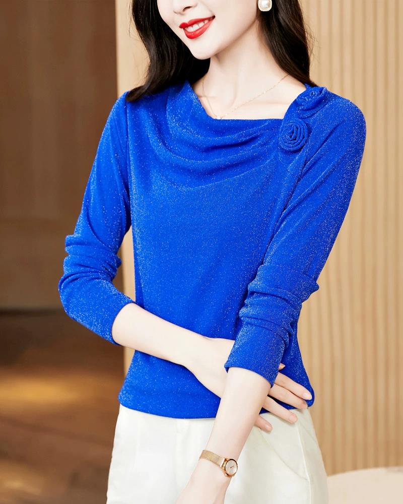 

Зима 2023 года, женский топ больших размеров с косым воротником и длинными рукавами