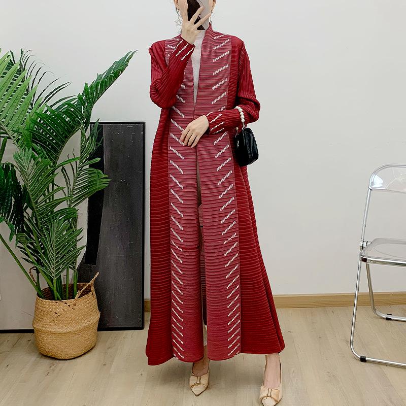 

Women s Pleated Long Sleeve Cardigan - Spring & Autumn Arabic Style Robe One Size вина червоного кольору