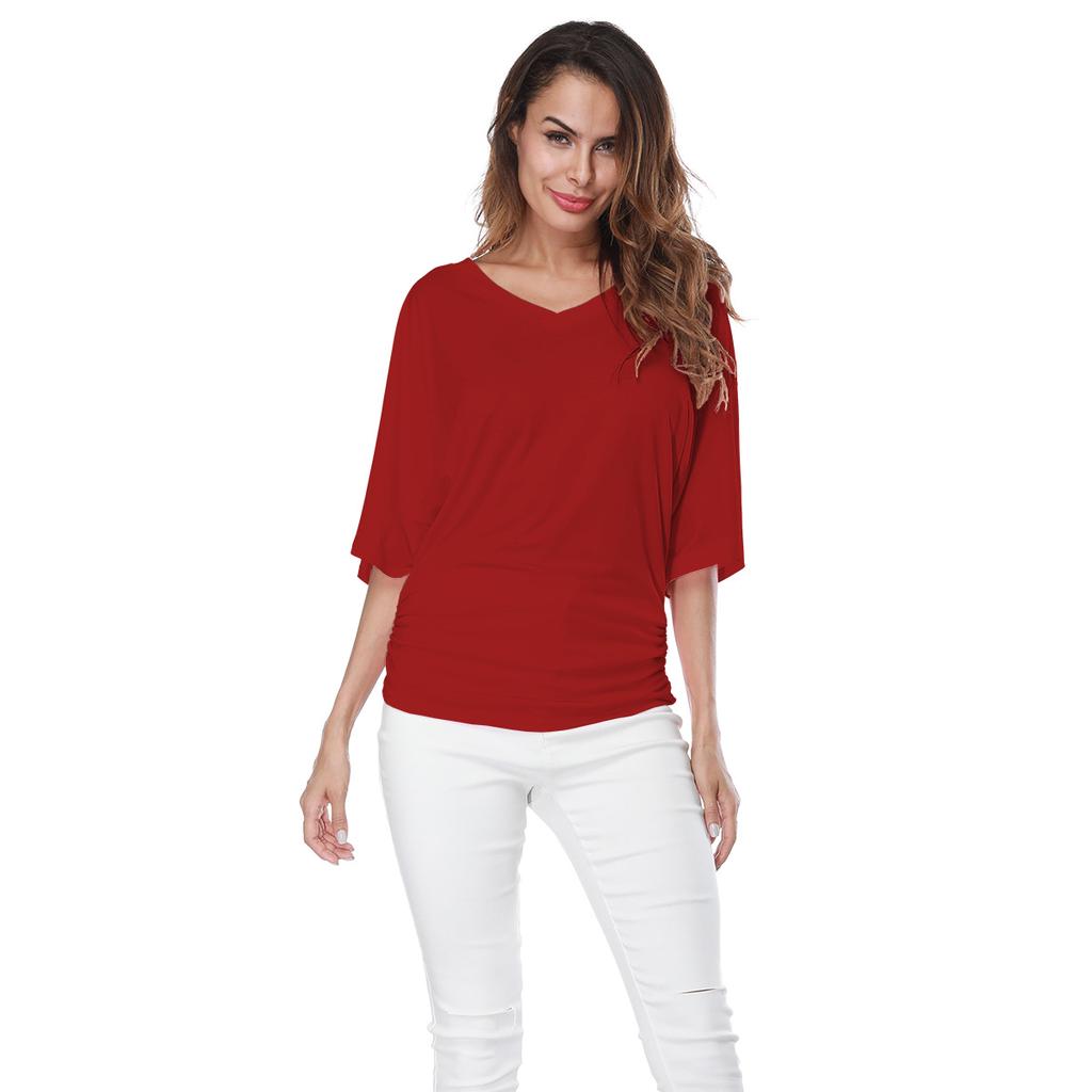 Large Size Top Women's Solid Loose Bat Sleeve V-neck Short Sleeve T-shirt