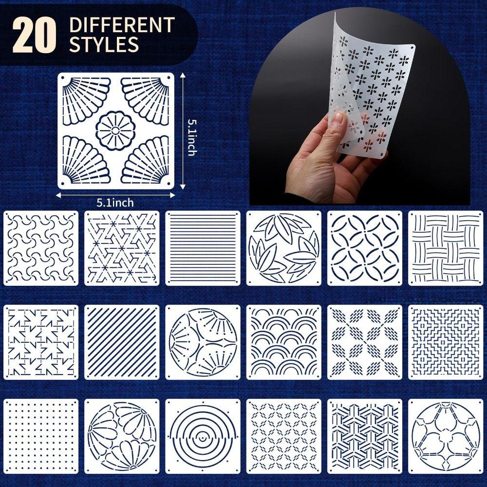 20ks/25ks Geometrická vzorová sada šablon Sashiko Opakovaně použitelná PET sada nití na Sashiko Ruční DIY šablona pro výšivku Sashiko