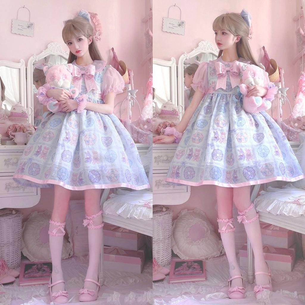 Pink & Blue Cotton Knee High Socks for Women | Cute Japanese Style Thin Academic Lace Calf Socks with Lolita Bowknot JK Design