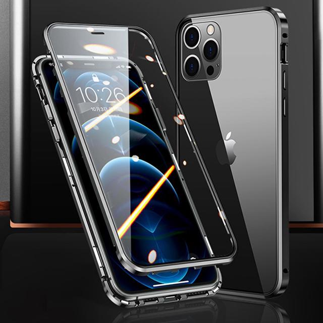 

360°Full Protection Metal Magnetic Phone Case For 16 Pro Max 14 13 12 11 15 Pro Max X XS XR Plus Double-Sided Glass Cover For IPhone15 чёрный