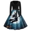 Women's Vintage Halloween Print V-Neck Dress, Casual Party Outfit for Celebrations