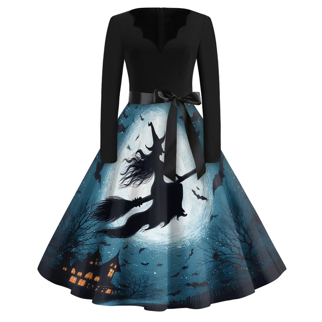 Women's Vintage Halloween Print V-Neck Dress, Casual Party Outfit for Celebrations