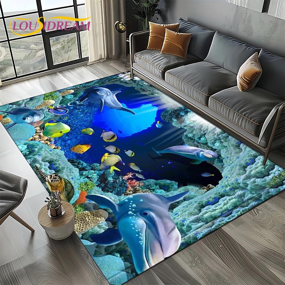 Underwater World 3D Illusion Seabed Cartoon Shark Dolphin Carpet Rug for Living Room Bedroom Home Sofa Decoration,Floor Mat Kid