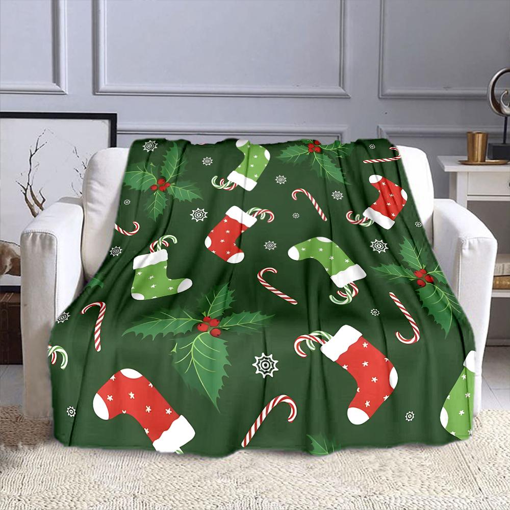 Christmas Stockings and Holly Pattern Patterned flannel blanket perfect for the bedroom living room, sofa, or a little nap