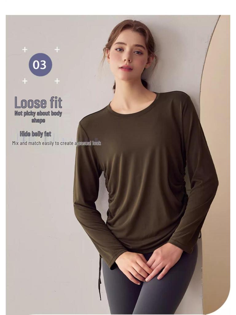 Women’s Slimming Long-Sleeve Yoga Suit - Loose Drawstring Casual Sports Top for Autumn and Winter Fitness, Pilates, and Training