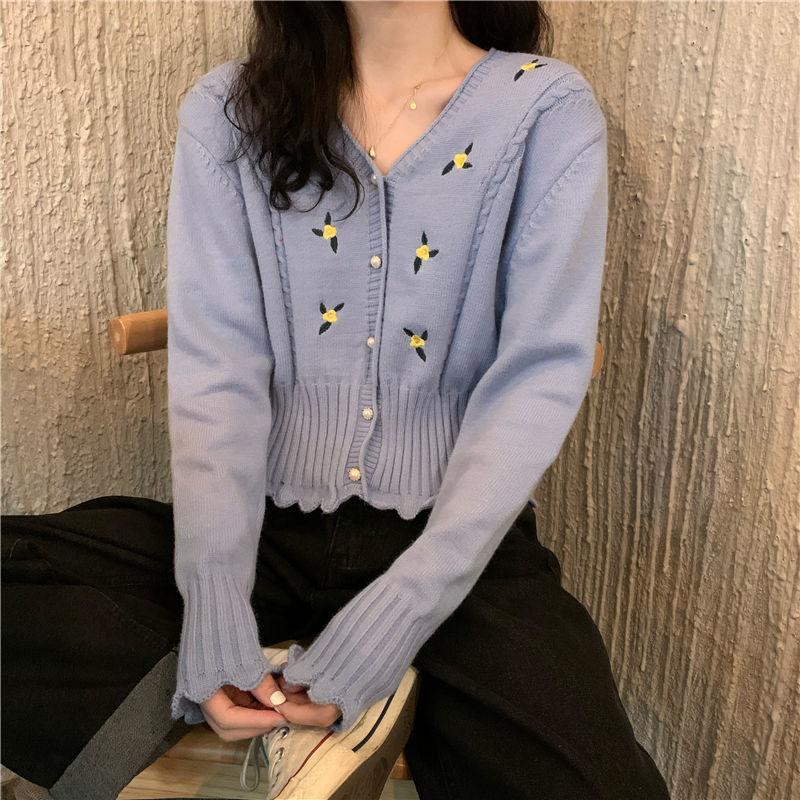 Women's Spring Korean-style Floral Embroidered Knit Cardigan Versatile V-neck Sweater Base Layer Long-sleeve Top