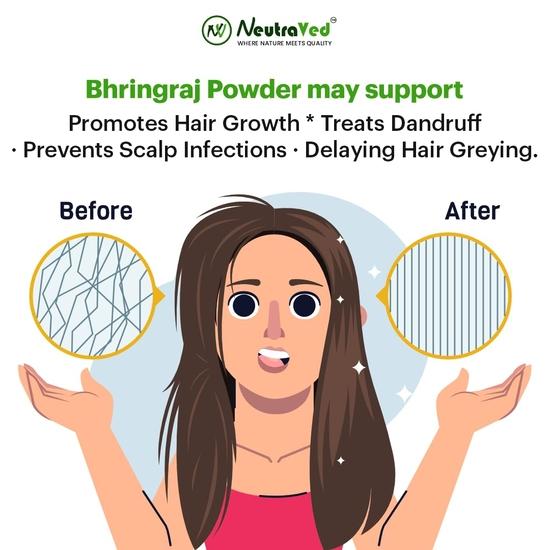 NeutraVed Bhringraj Pulver für Haar -200g | 99% Reine & Sonnengetrocknete Bhringraj Blätter Frisch Gemahlen | Bringha Pulver für Haar, Öl, 200g Zippbeutel
