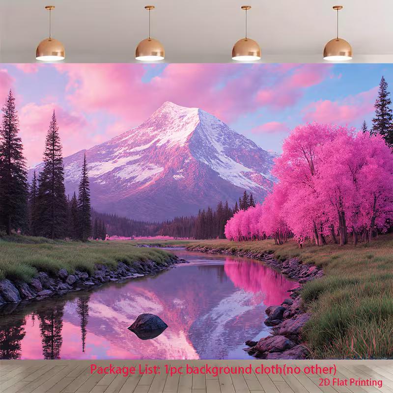 2D Aesthetic Pink Mountain River Scenery Wall Backdrop 47.2x31.5inch/120*80cm