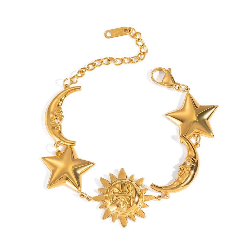Trendy PVD 18K Gold Plated Bracelet Waterproof Non Tarnish Stainless Steel Star and Moon Women's Charm Bracelet for Party