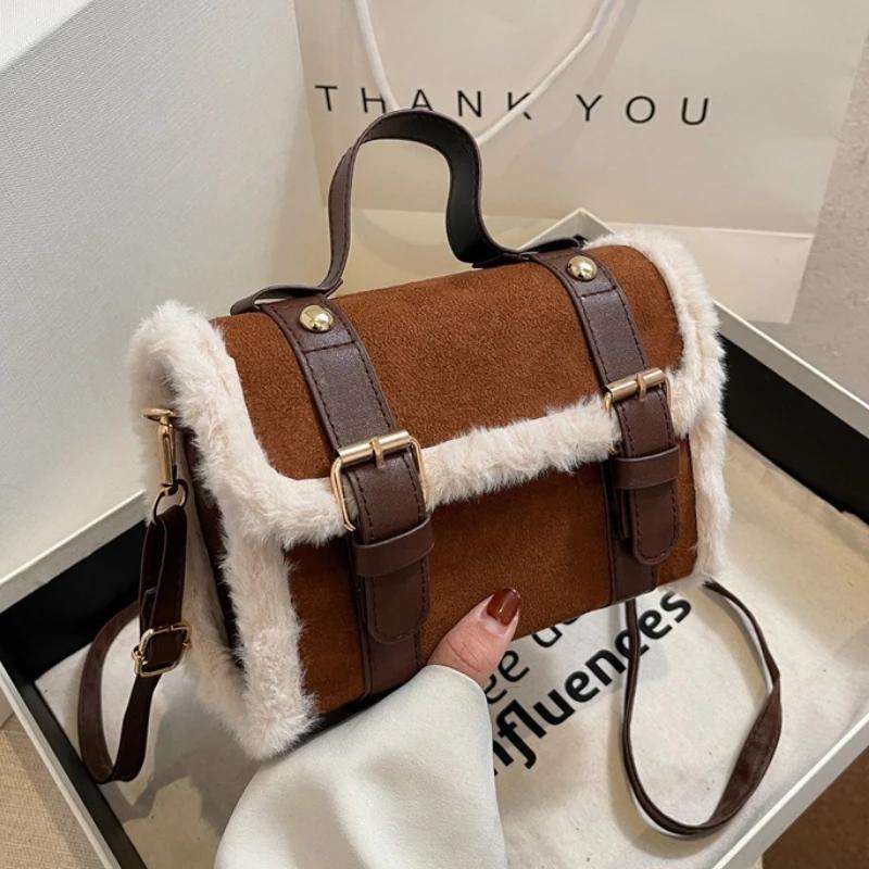 Winter Women Plush Crossbody Bag Soft Velvet Mini Square Shoulder Handbag Stylish Small Purse Wallet