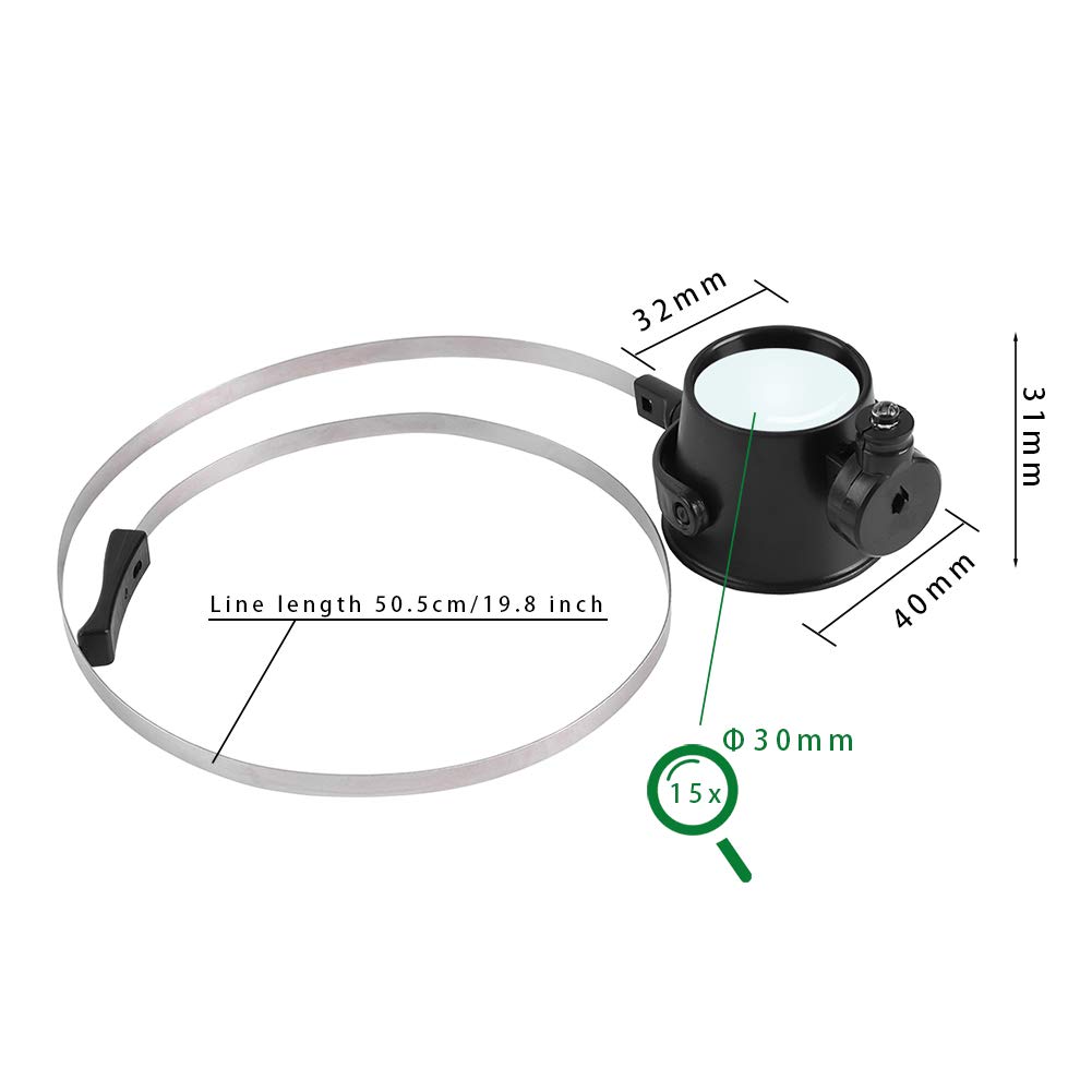 15x Magnifying Glass with LED Ideal for Watch Jewelry Machine Reading Precision Headband Magnifier Light, Repair, Appraisal, Repair, Close-Up Work,