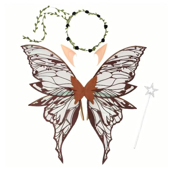 Fairy Wings for Adults And Girls Butterfly Fairy Costume Set with Floral Garland Wand Elf Ears Gradient Organza Butterfly Wings