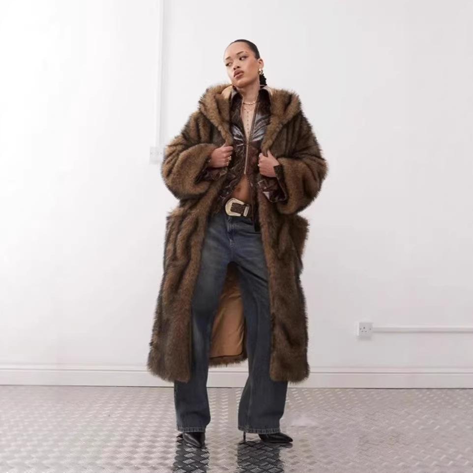 Winter imitation fur jacket extended women's wolf fur hooded thermal hooded trench coat