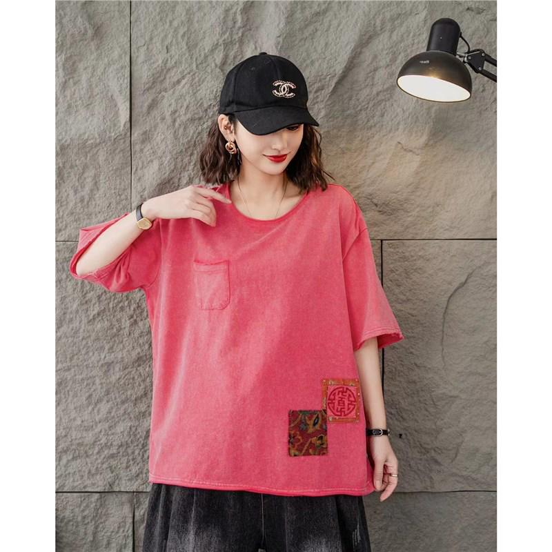 

Women s Summer Fashion Applique Embroidered Loose Casual Short Sleeve T-Shirt One Size рожевий червоний колір