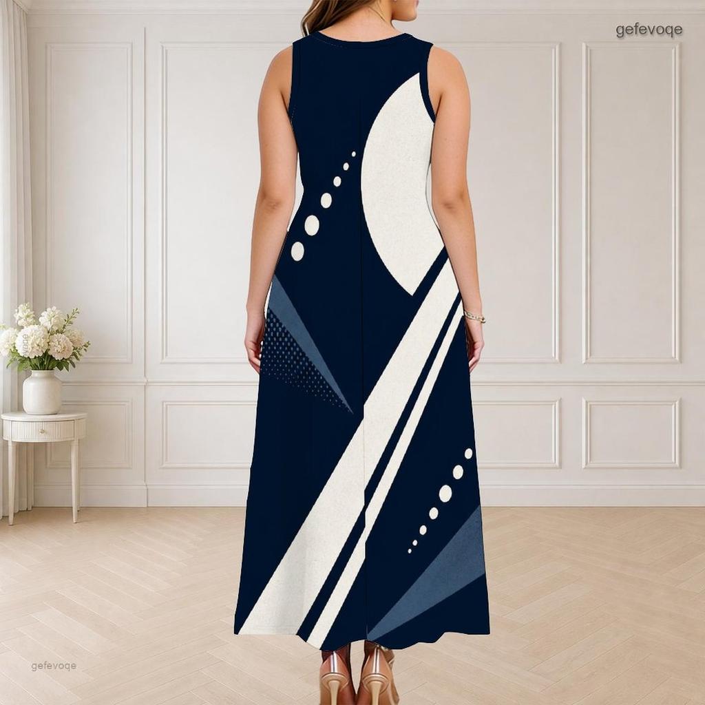 Women Plus Size Round Neck Triple Keyhole Cutout Sleeveless Printed Long Dress Black Orange Off White