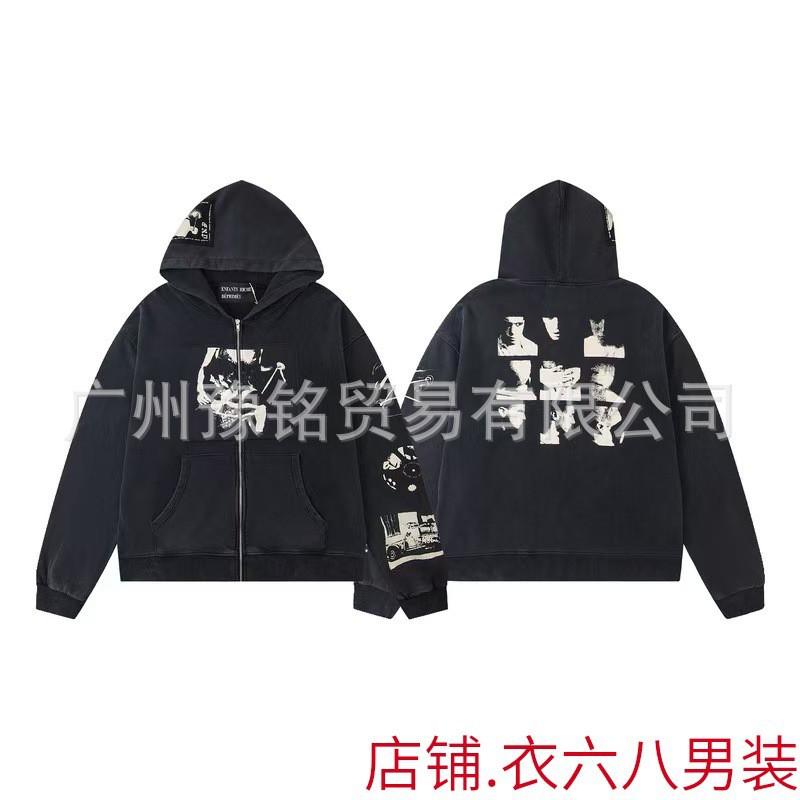 Erkek Geniş Kesim Pamuklu Kapüşonlu Fermuarlı Sweatshirt Sokak Giyim Günlük Harf Baskılı Uzun Kollu Tişört